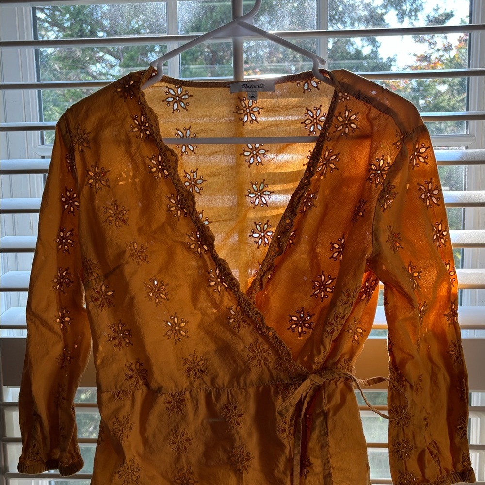 Madewell Scalloped Embroidered Wrap Blouse in golden yellow